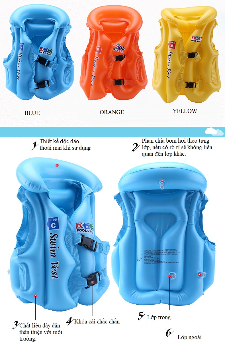 Áo phao bơi trẻ em ABC - Size S (bé từ 3-5 tuổi), chất liệu nhựa dẻo PVC an toàn CHỐNG LẬT, chống thấm nước tuyệt đối cao cấp - POKI