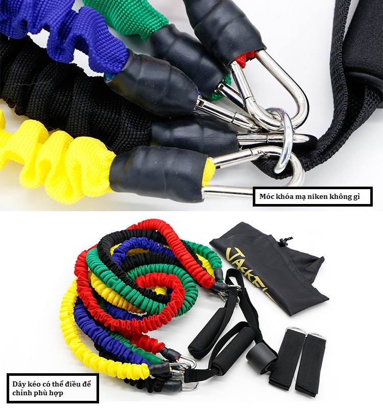 Dây đàn hồi tập Gym PRO-ZD11, bộ dây tập thể lực 5 màu - Bộ 11 chi tiết, dây tập kháng lực 100LB cao cấp - POKI