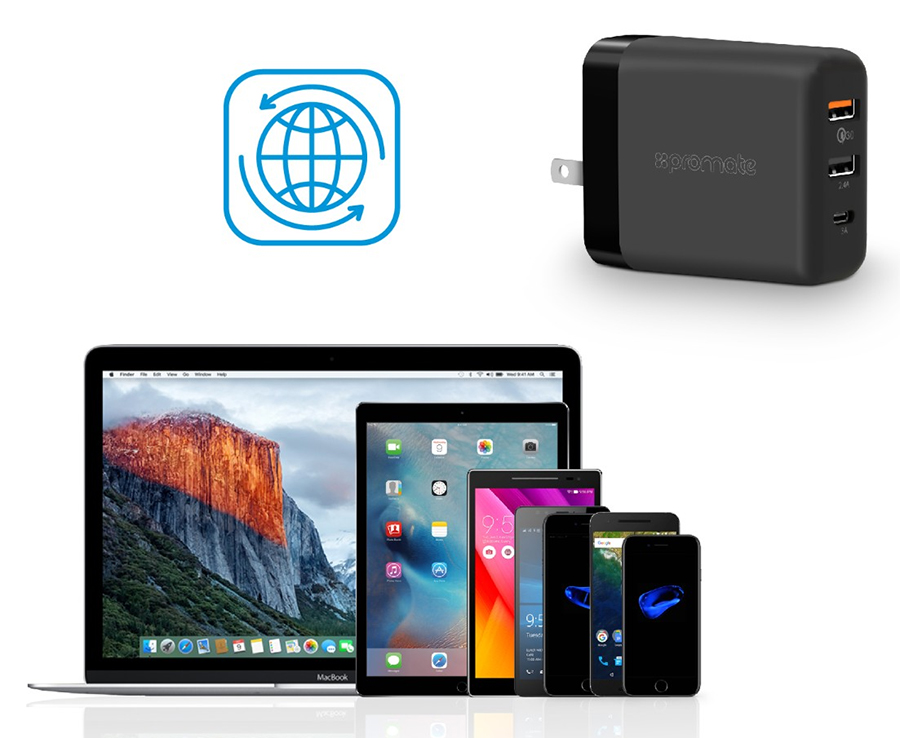Adapter Sạc 3 Cổng Promate 30W Hỗ Trợ QC 3.0  POWERHUB-QC.BLK-US (Đen) - Hàng Chính Hãng