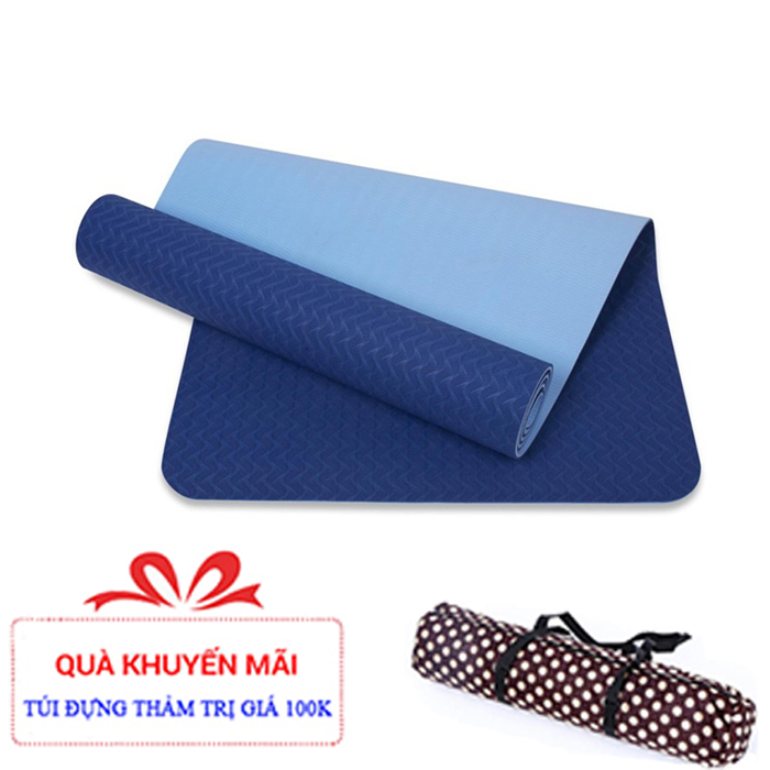 Thảm tập yoga TPE 6mm 2 lớp cao cấp màu xanh dương - Tặng túi và dây buộc