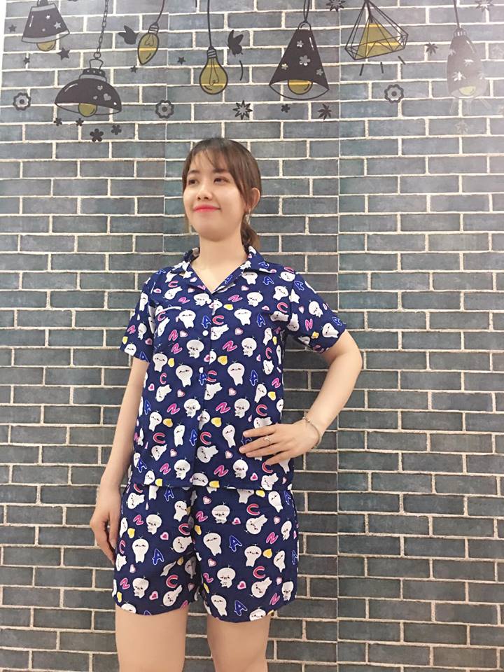 Bộ Ngắn Mặc Nhà Pijama Thái Vải Kate Họa Tiết Gấu Trúc Pijama1807 - Xanh Dương