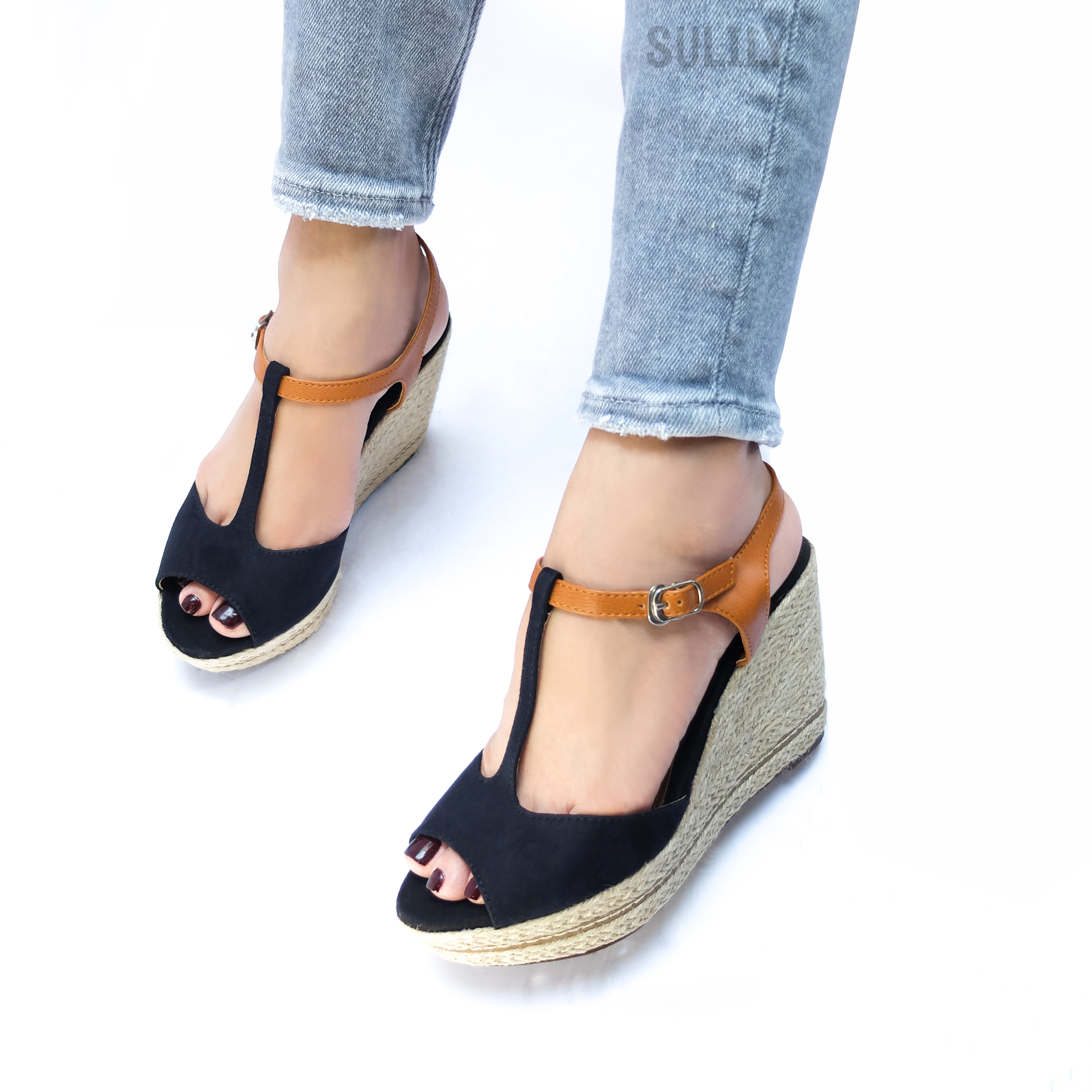 Giày Sandal Đế Xuồng Bọc Cói Sulily SW01-II17DEN