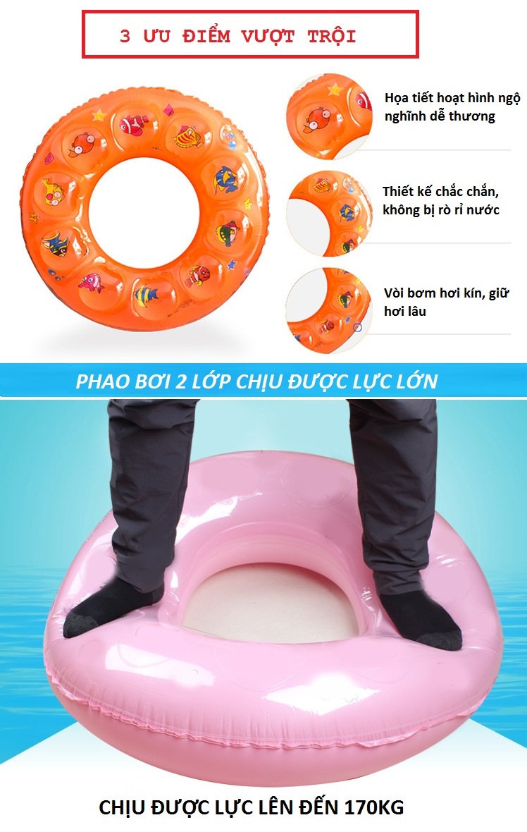 Phao bơi cho bé (Từ 1-3 tuổi) phao 2 LỚP - size 50, phao bơi tròn  PVC cao cấp, an toàn khi sử dụng - POKI