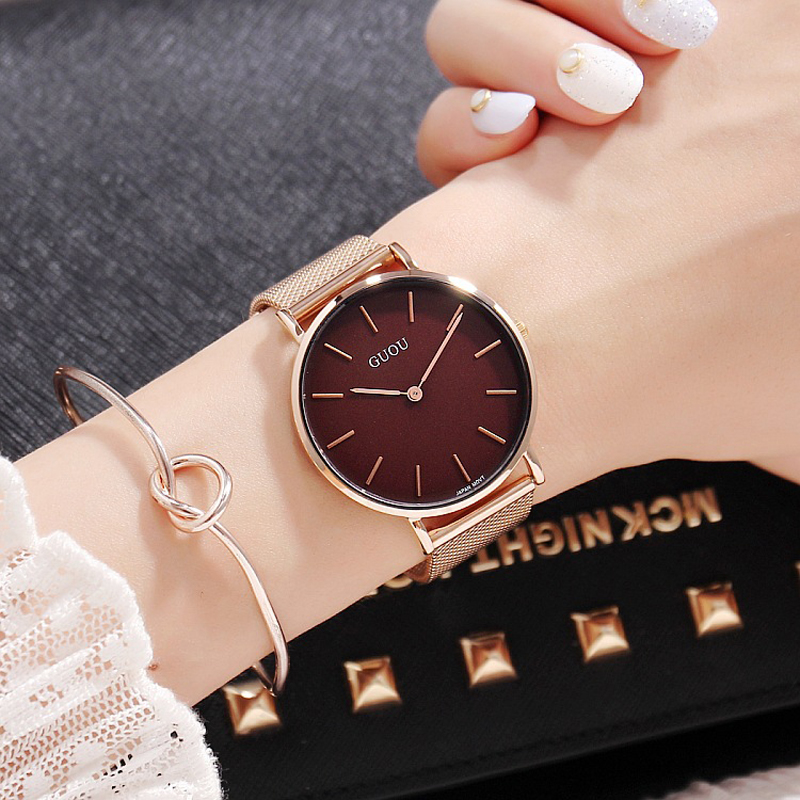 Đồng hồ nữ Guou dây thép lụa vàng hồng sang trọng JS-G6003S