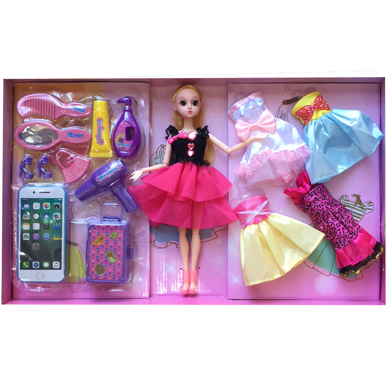 Búp bê Aibier xinh đẹp váy hồng cùng 6 bộ váy và 8 phụ kiện