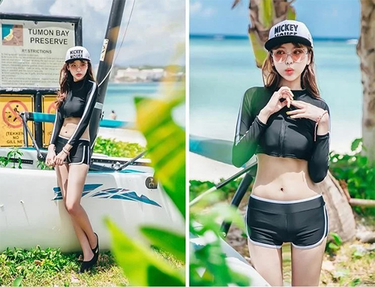 Đồ Bơi Tay Dài Nữ Crop Đen 3 Mảnh
