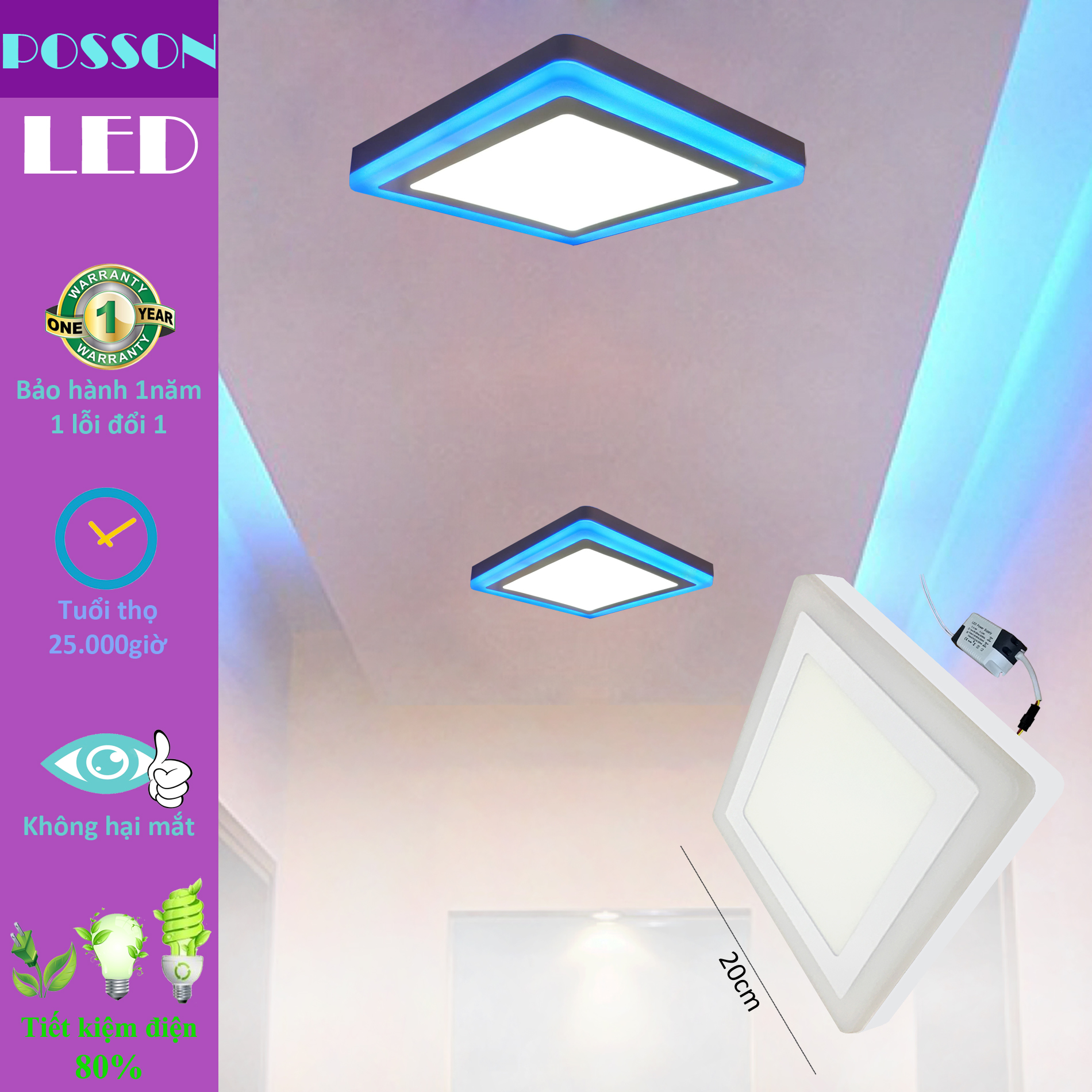 Đèn Led ốp trần 12w +4w vuông nổi 2 màu 3 chế độ sáng trắng+xanh LP-SoW12-B4