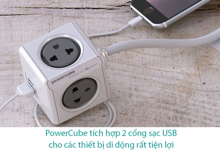 Ổ Cắm Điện Allocacoc PowerCube Extended 2 Sạc USB - Xám (3m)