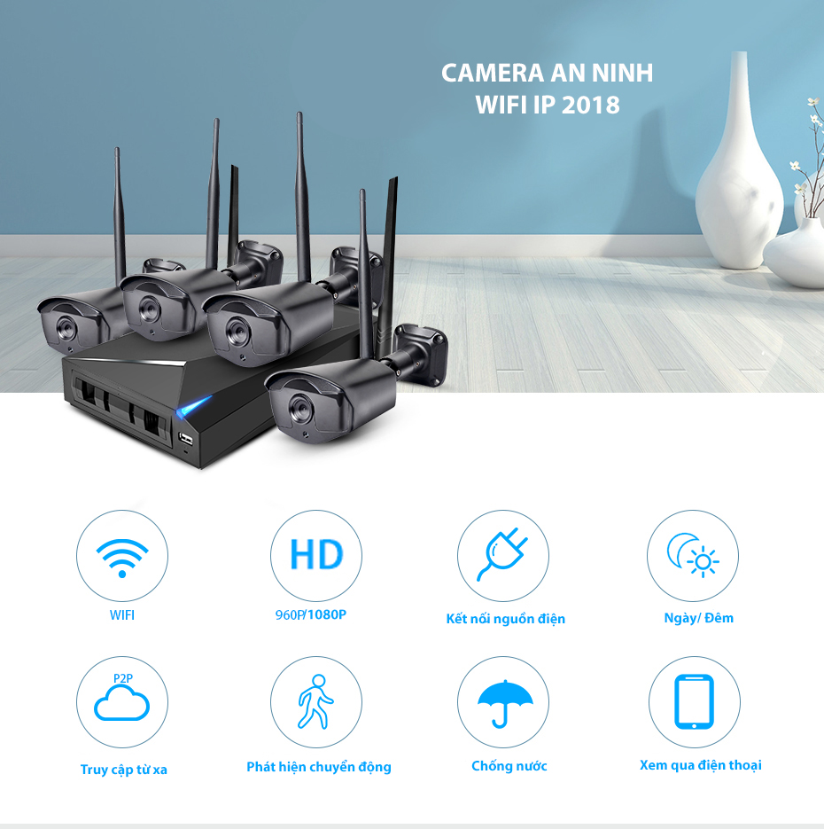 Bộ 4 camera WIFI IP FULL HD 1080P và đầu thu NVR 4 Kênh - Thiết kế mới