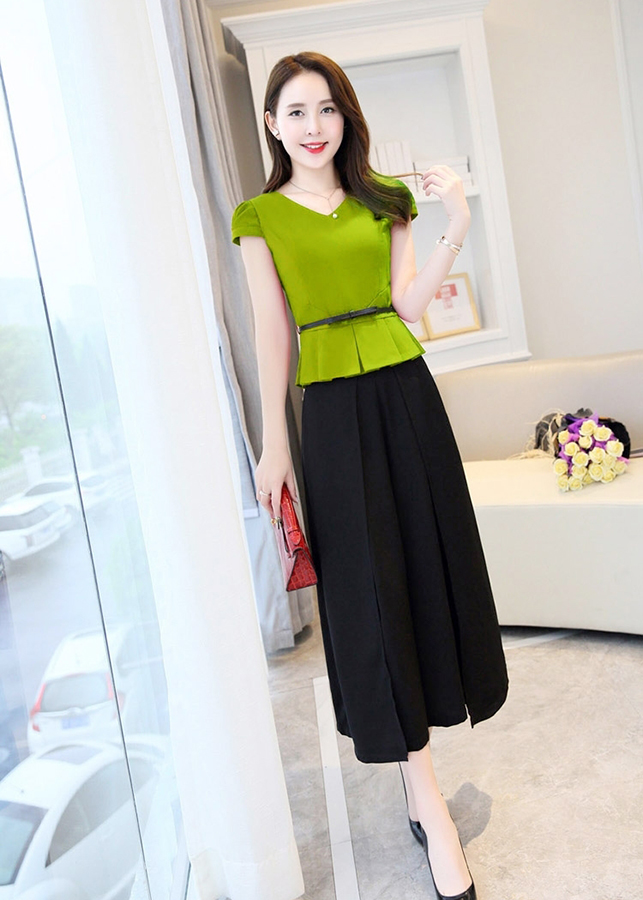 Set cổ tim quần ống rộng kèm thắt lưng S341XB xanh bơ