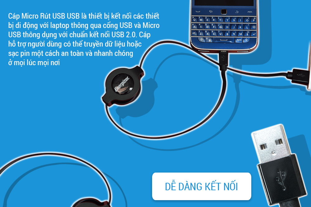 Cáp Sạc Micro USB Dây Rút Energizer C31UBRETEBK4 (80cm) - Đen - Hàng Chính Hãng