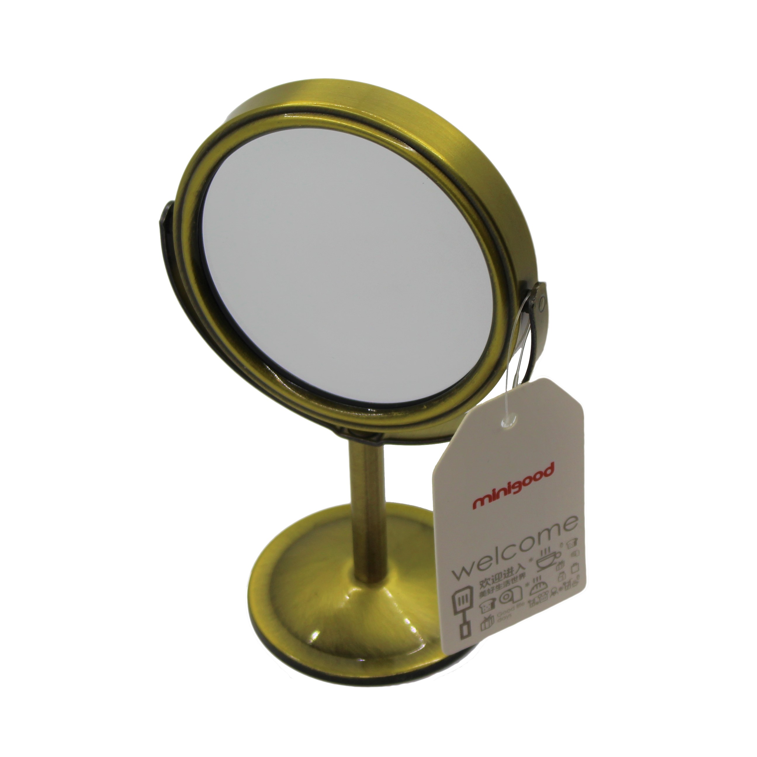 Gương trang điểm tròn màu đồng xoay 360 độ mini để bàn 2 mặt Minigood Hàn Quốc DMCTB080