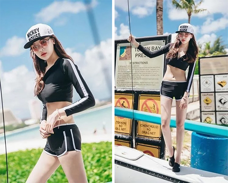 Đồ Bơi Tay Dài Nữ Crop Đen 3 Mảnh