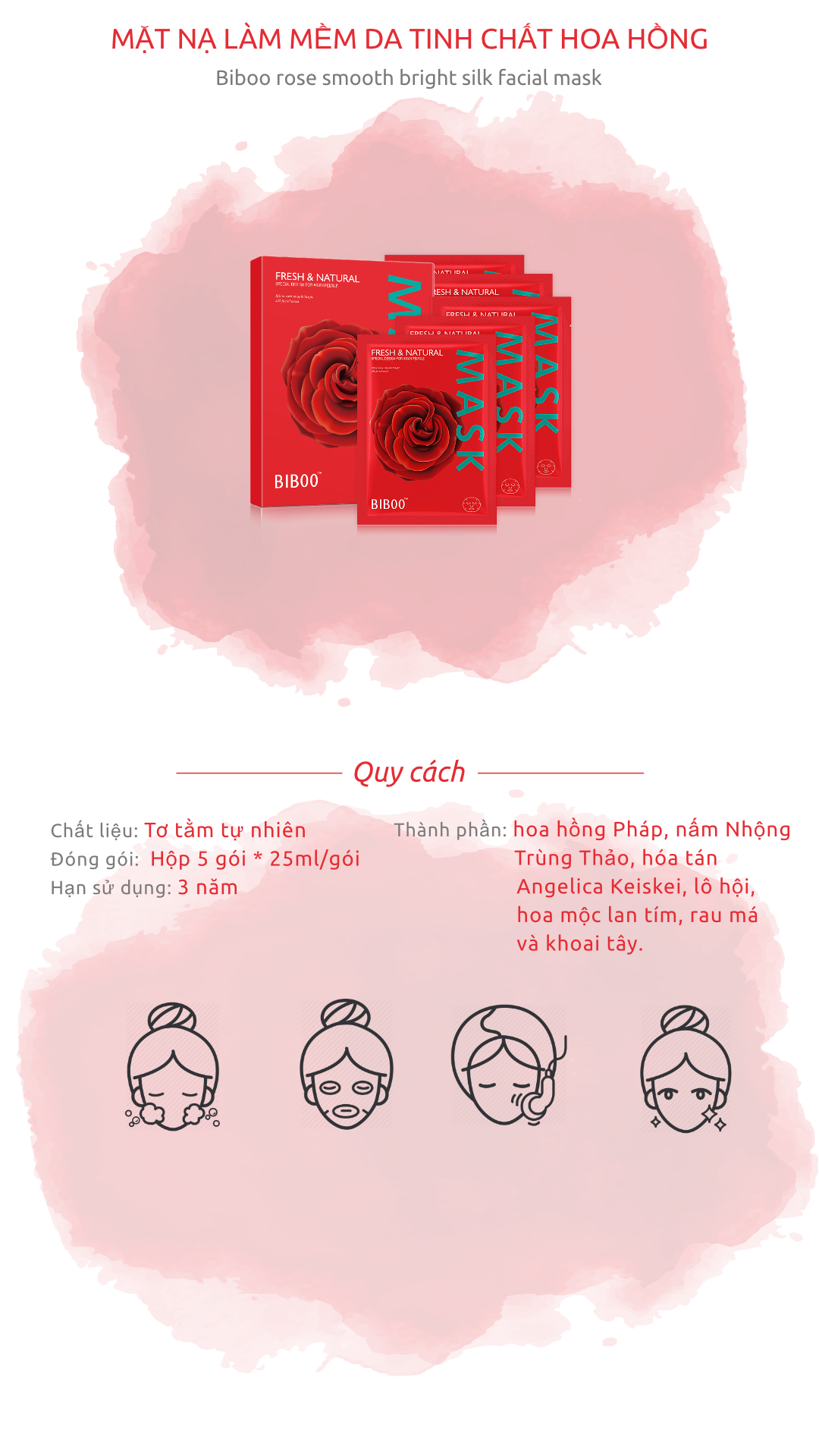 Mặt nạ lụa làm mềm da tinh chất Hoa Hồng Biboo (1 miếng)