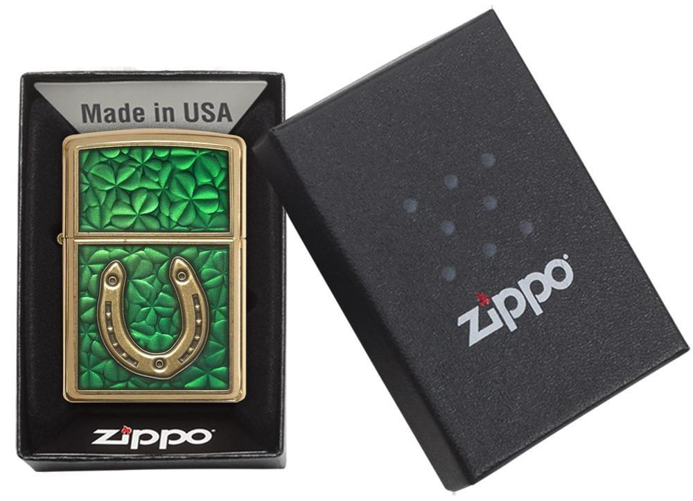 Zippo-Clovers-And-Horseshoe-Emblem-Brushed-Brass-29243-5