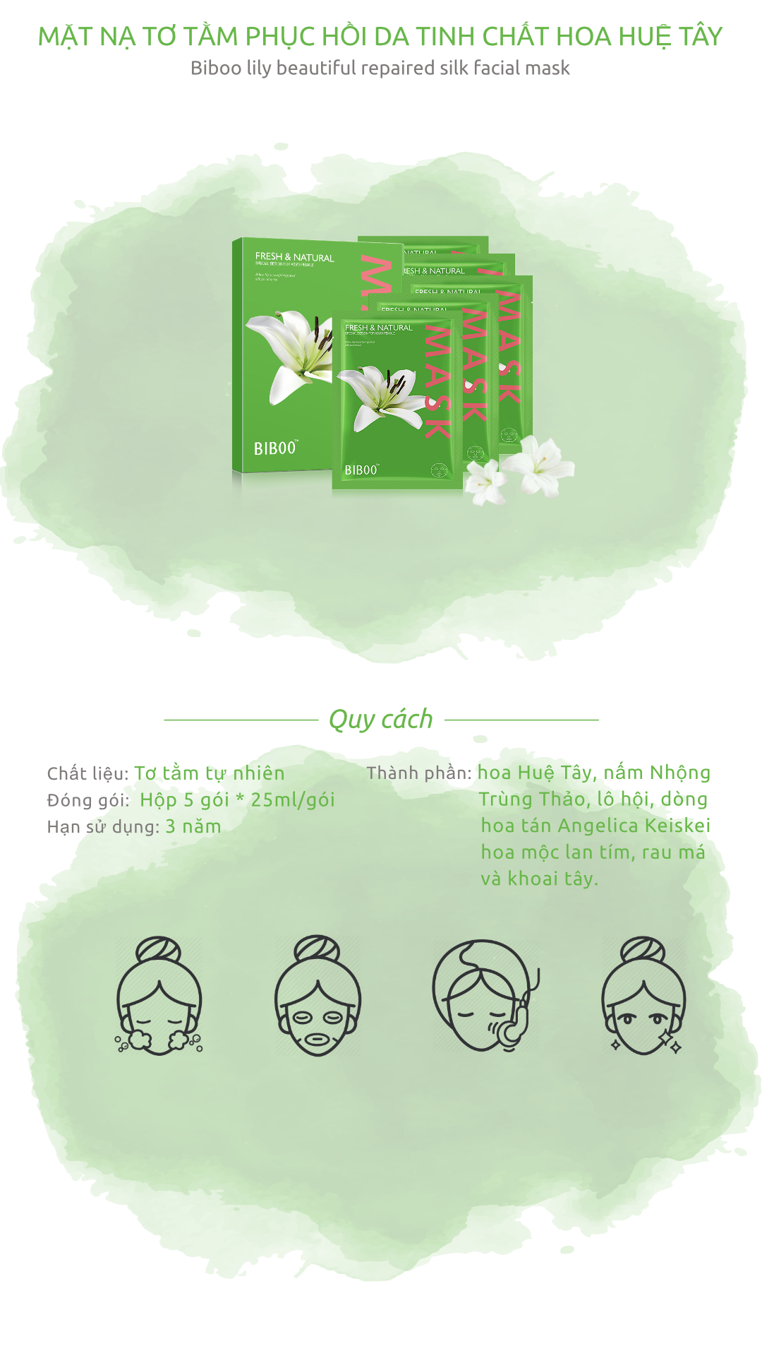 Mặt nạ lụa phục hồi da Hoa Huệ Tây Biboo (1 miếng)