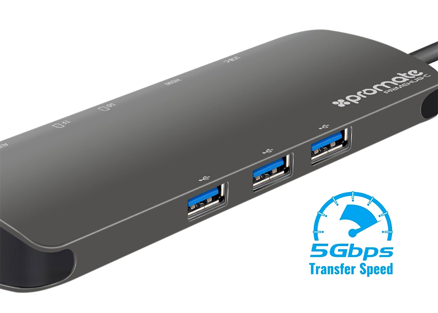 Bộ Chia 9 Cổng USB Type-C 3.0 Promate PrimeHub-C Hỗ Trợ PowerDelivery 100W - Hàng Chính Hãng