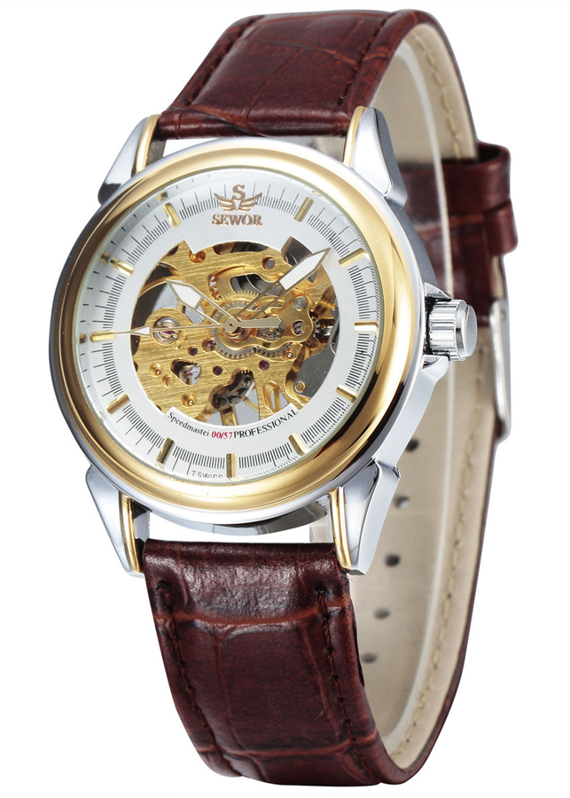 Đồng hồ cơ nam SEWOR dây da lộ máy mặt trước - mặt sau JS-SQ30