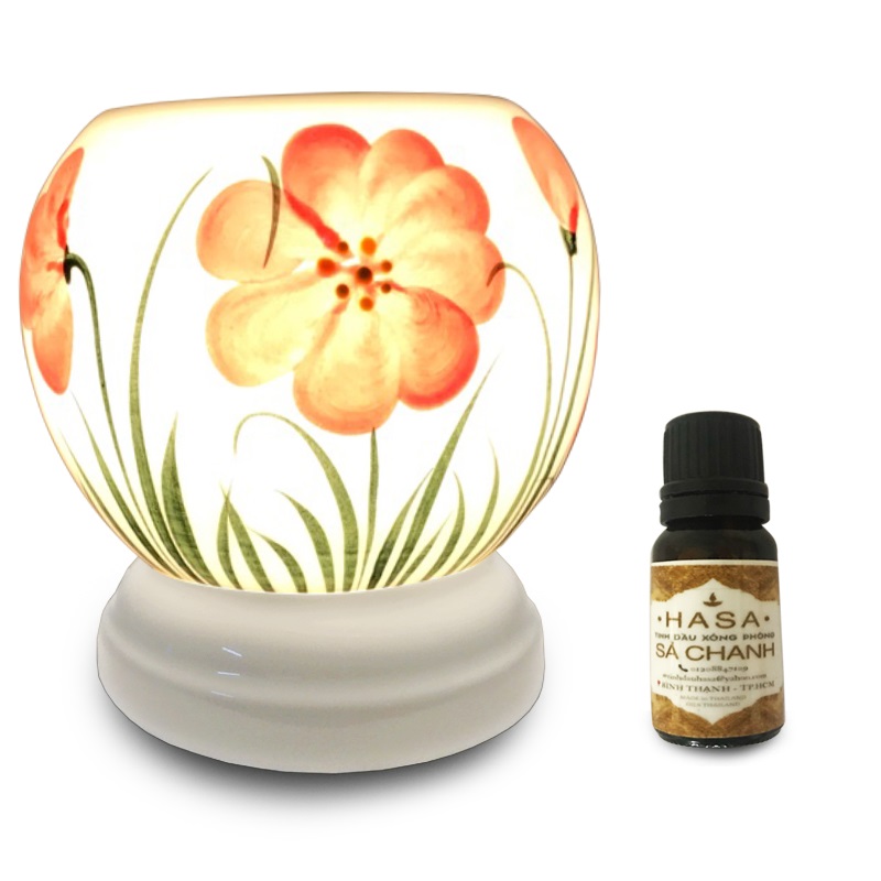Đèn Xông Tinh Dầu Gốm Bát Tràng Hoa Nắng Đỏ + Tặng 01 Lọ Tinh Dầu Sả Chanh (10mL)