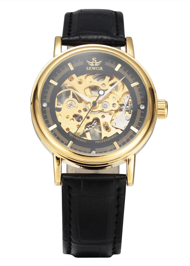 Đồng hồ cơ nam SEWOR dây da lộ máy mặt trước - mặt sau JS-SQ30