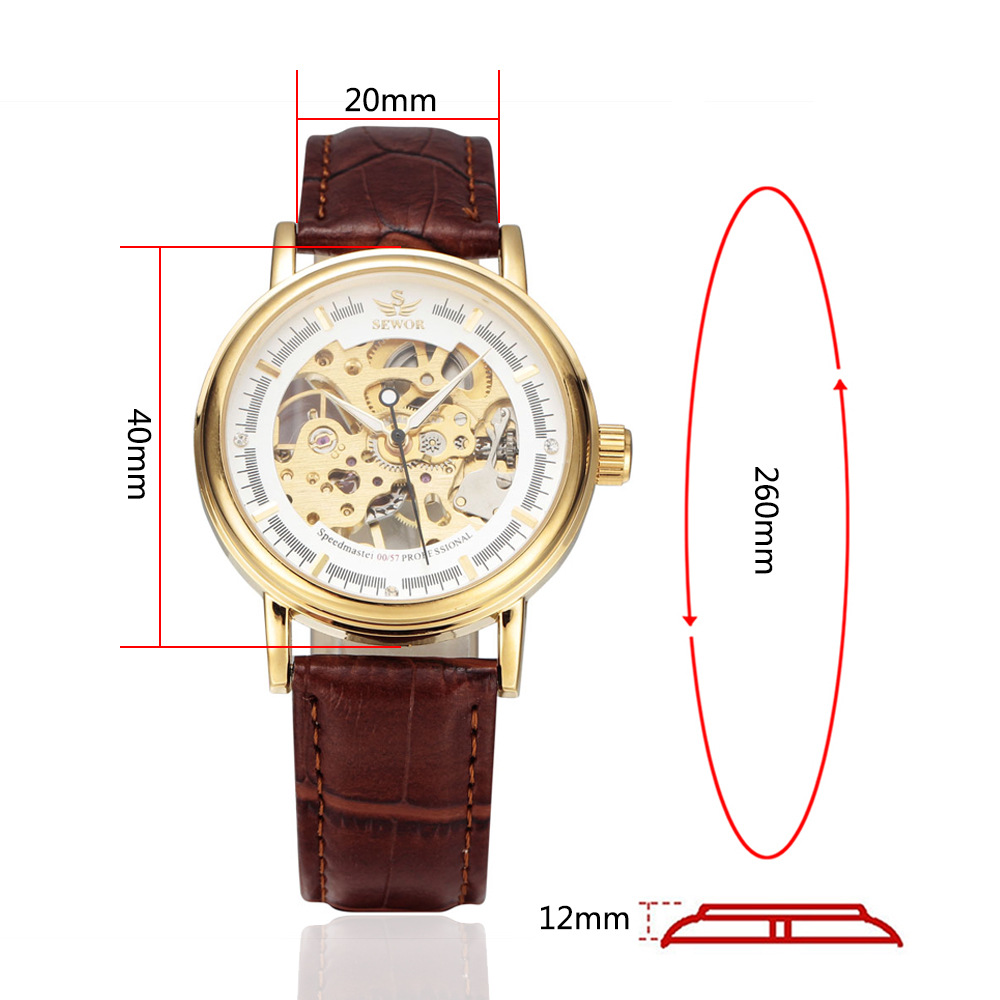 Đồng hồ cơ nam SEWOR dây da lộ máy mặt trước - mặt sau JS-SQ30
