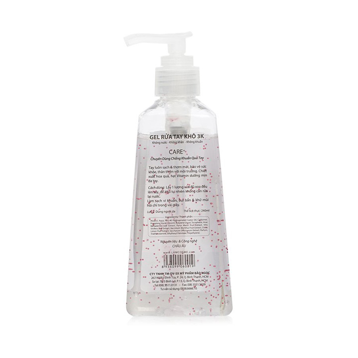 Combo 2 chai Gel rửa tay khô 3K (240ml) Lamcosmé Care+, Công thức độc quyền 3K ( Không nước, không khăn, không khuẩn)