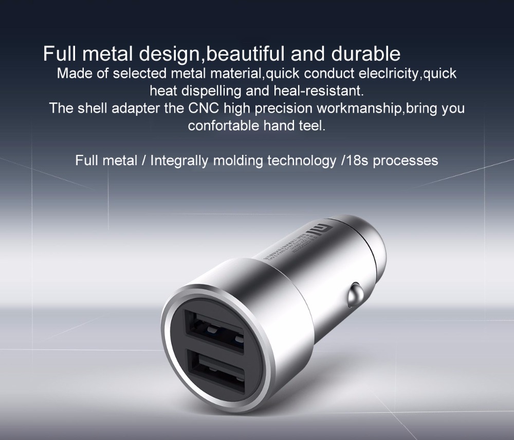 Original Xiaomi MI dual port charger / car charger metal appearance 5V / 3.6A dual USB smart output support fast charging Competiable with Most  Phone Tablet PC