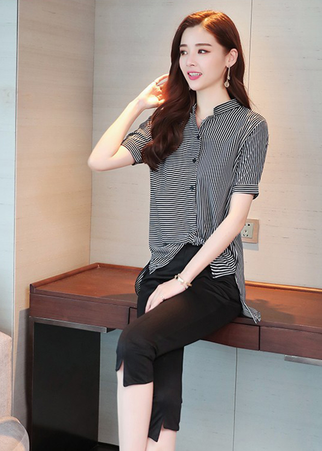 Set áo sơ mi sọc quần lửng cá tính S3031