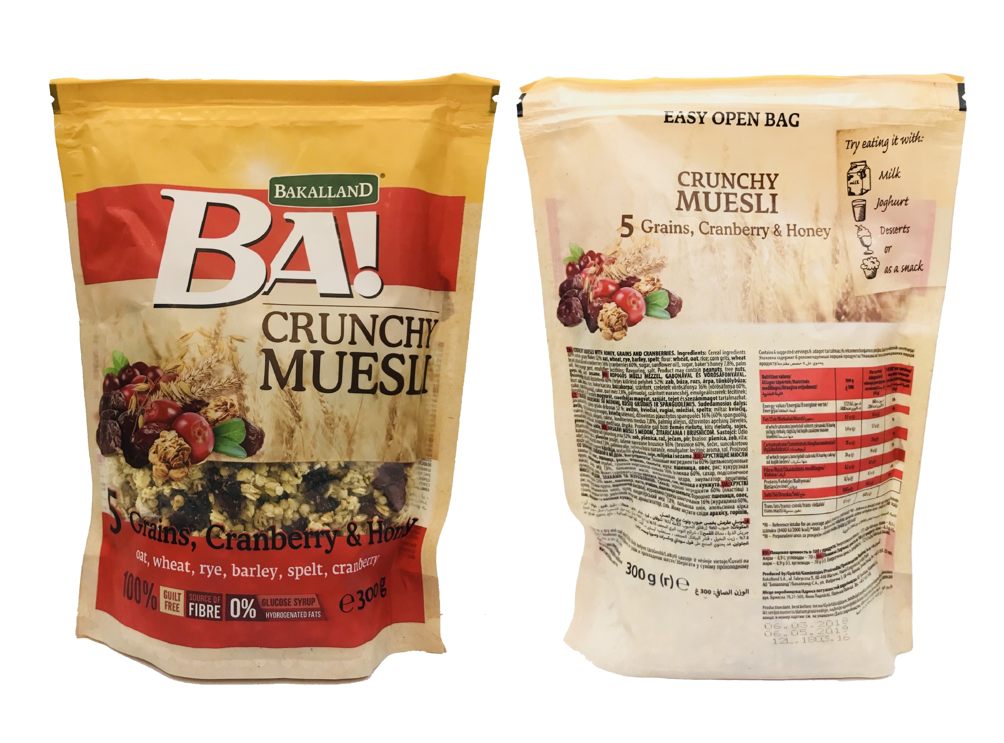 Ngũ cốc trái cây sấy giòn BAKALLAND Muesli nam việt quất 16%, mật ong 7,8% (300g)