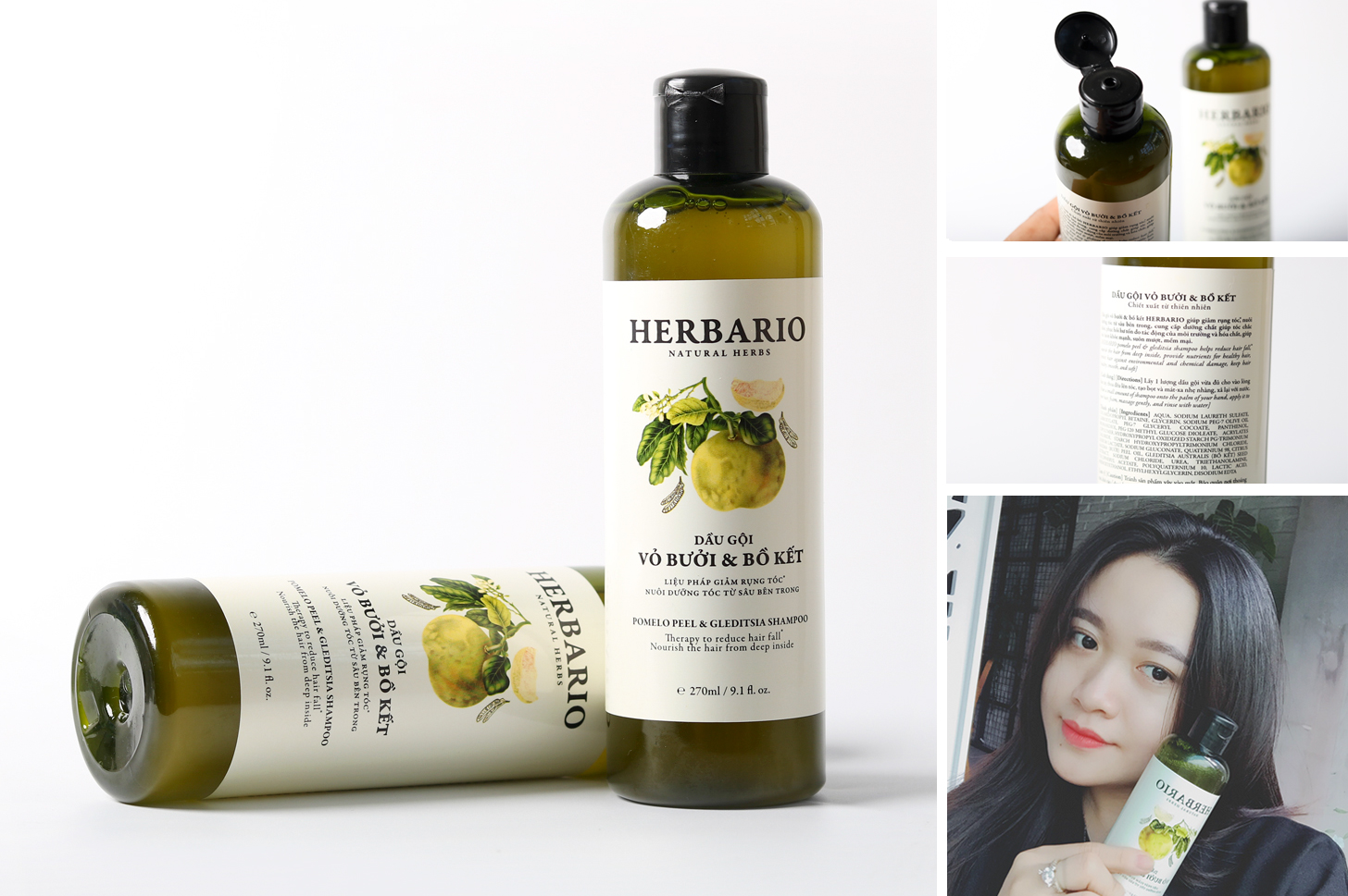 Combo dầu gội bưởi Herbario (270ml) + Xịt bưởi Pomelo (130ml) nuôi dưỡng tóc