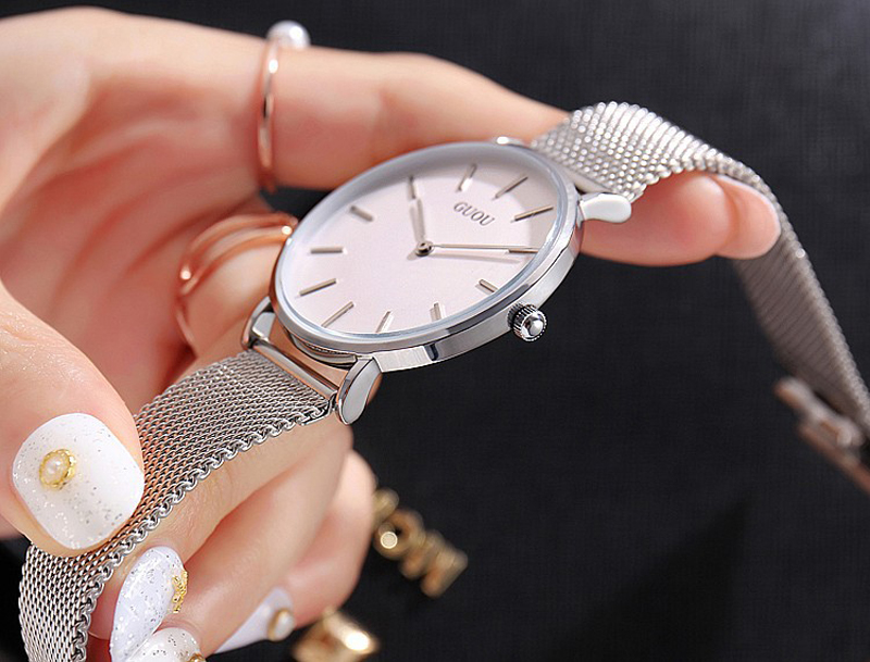 Đồng hồ nữ Guou dây thép lụa bạc thời trang JS-G6003