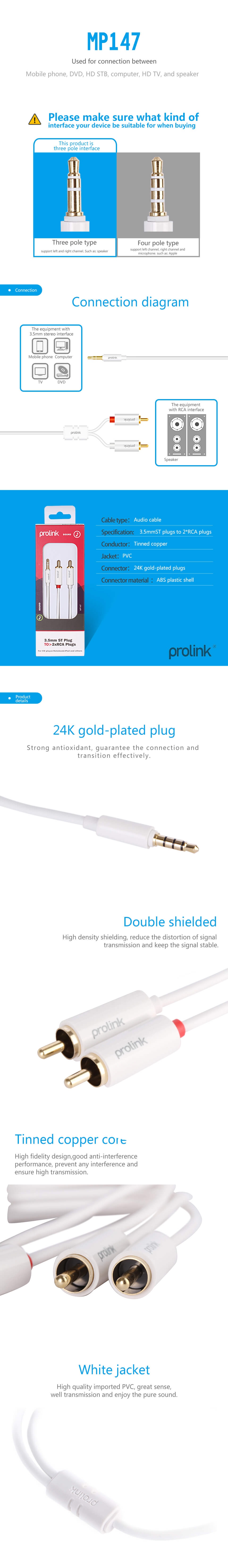 Dây Cáp Âm Thanh 3.5mm - 2*RCA - MP147 - Prolink - Hàng Chính Hãng