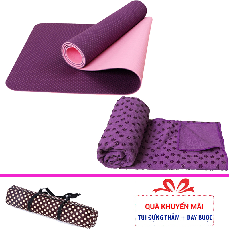 Combo Thảm tập yoga TPE 6mm 2 lớp + Khăn trải thảm hạt nổi silicon (Tặng túi đựng thảm vs dây buộc)