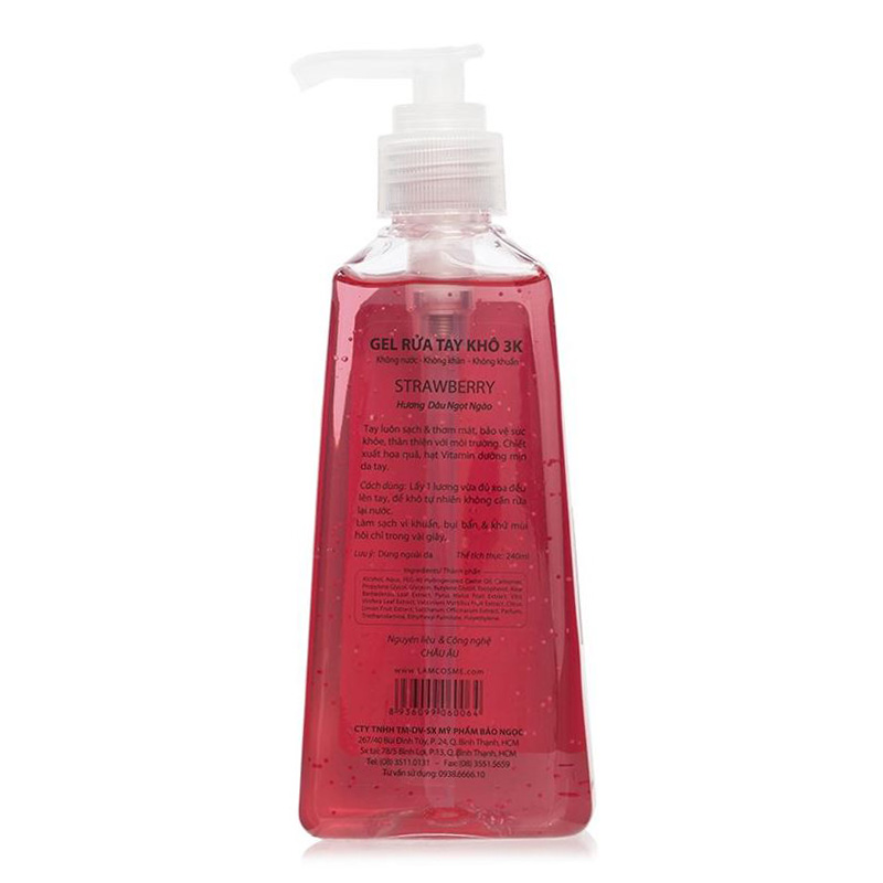 Combo 2 chai Gel rửa tay khô 3K (240ml) Lamcosmé Hương Dâu, Công thức độc quyền 3K ( Không nước, không khăn, không khuẩn). Tặng chai nhỏ 60ml