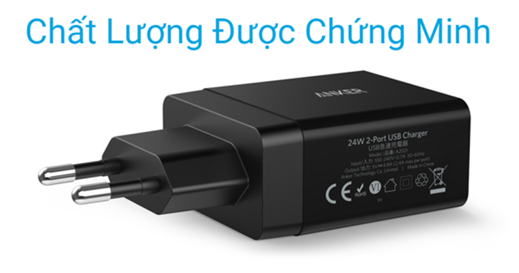 Adapter Sạc Anker PowerPort 2 Cổng 24W + Cáp Micro USB  B2021 - Hàng Chính Hãng
