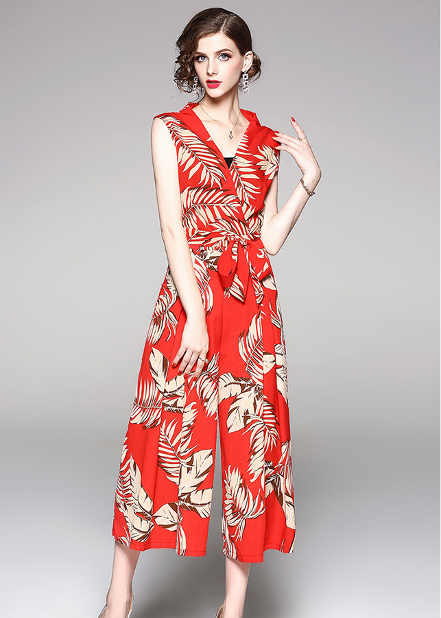 Jumpsuit cổ v đắp chéo in họa tiết lá S3032
