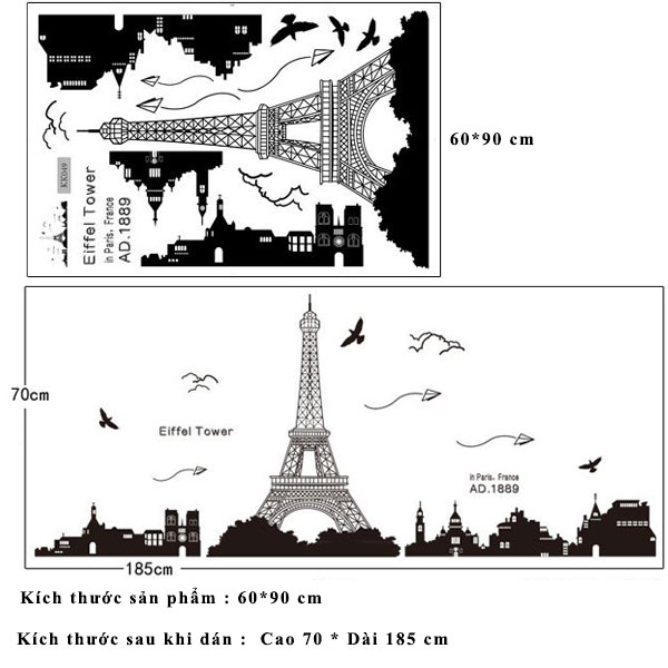 Decal dán tường thành phố Paris và tháp Eiffel xinh đẹp của nước pháp KK049