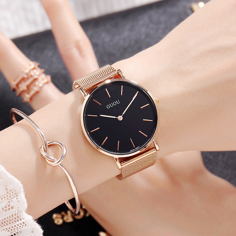Đồng hồ nữ Guou dây thép lụa vàng hồng sang trọng JS-G6003S