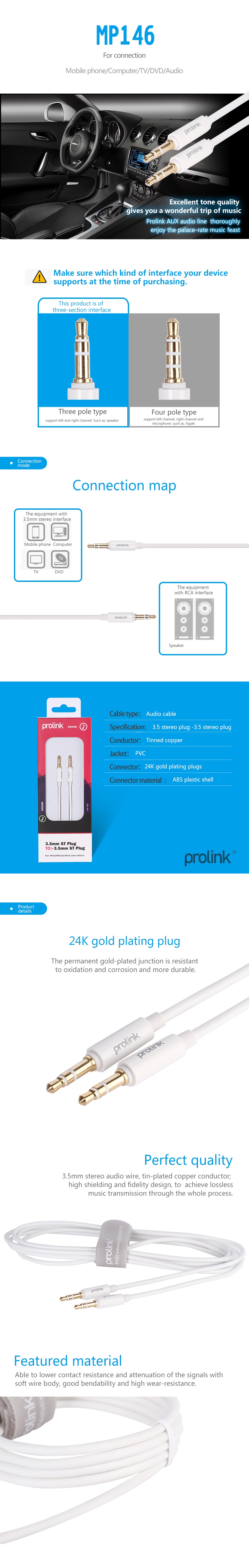 Dây Cáp Âm Thanh đầu mạ vàng AUX 3.5mm Prolink 2M - MP146 - Hàng Chính Hãng