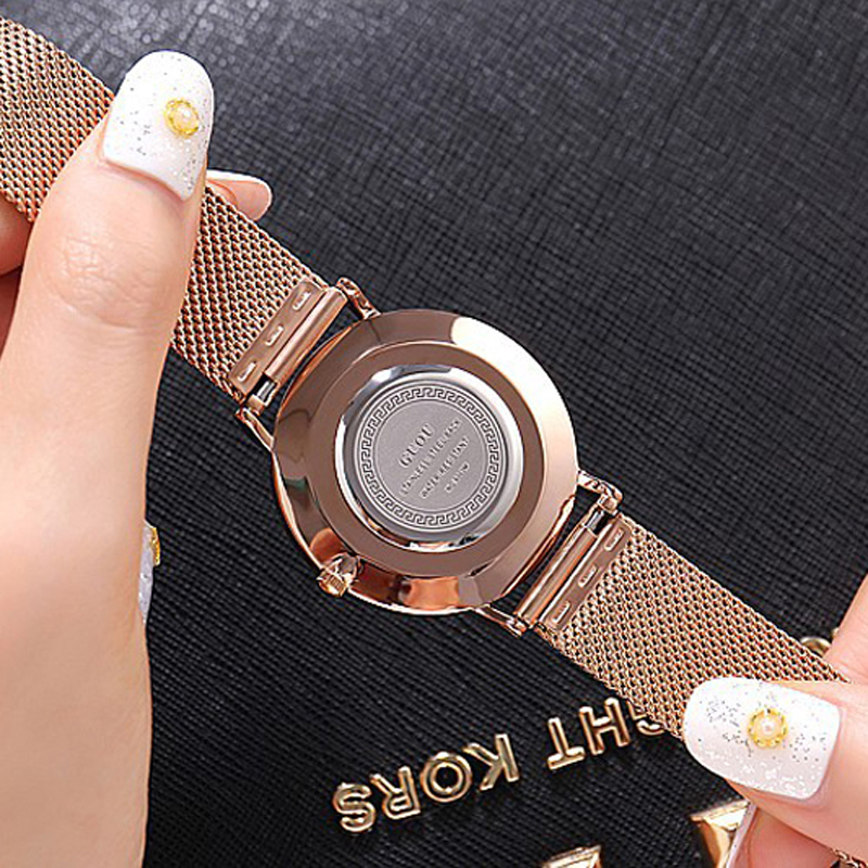 Đồng hồ nữ Guou dây thép lụa vàng hồng sang trọng JS-G6003S