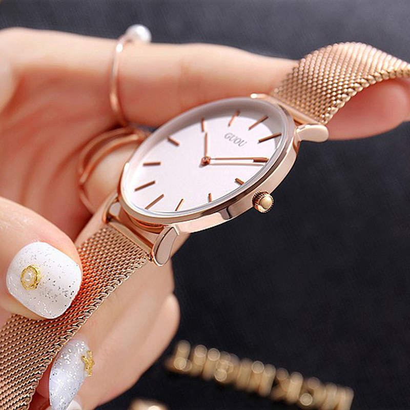 Đồng hồ nữ Guou dây thép lụa vàng hồng sang trọng JS-G6003S