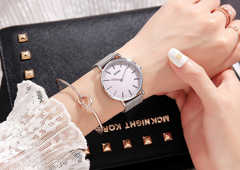 Đồng hồ nữ Guou dây thép lụa bạc thời trang JS-G6003