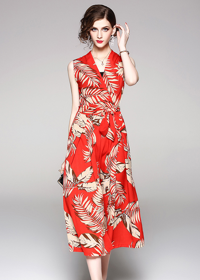 Jumpsuit cổ v đắp chéo in họa tiết lá S3032