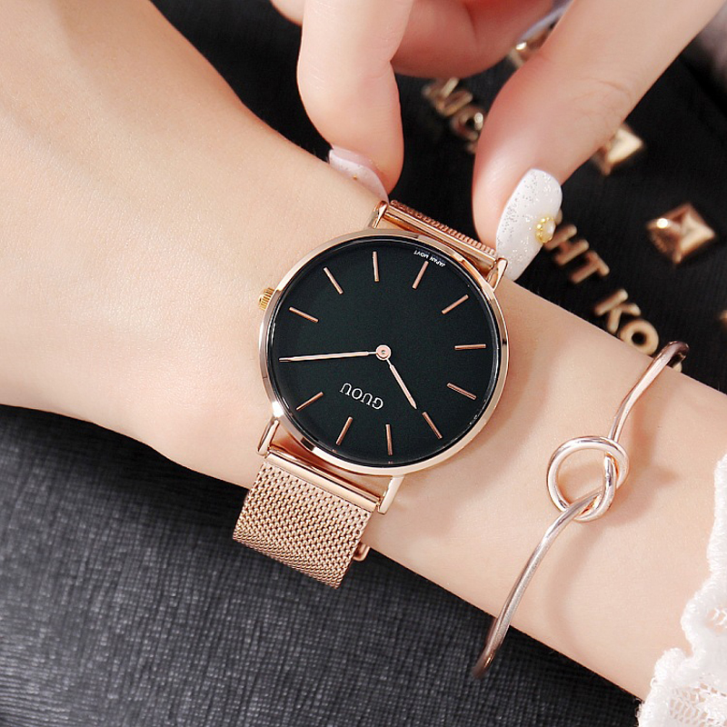 Đồng hồ nữ Guou dây thép lụa vàng hồng sang trọng JS-G6003S