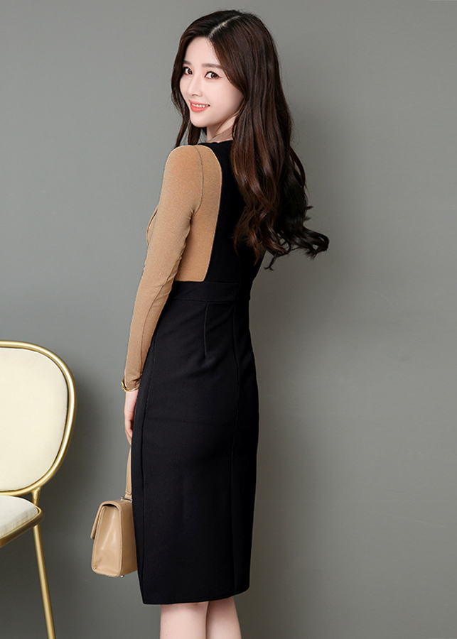 Set áo thun váy yếm xẻ tà phối màu S386