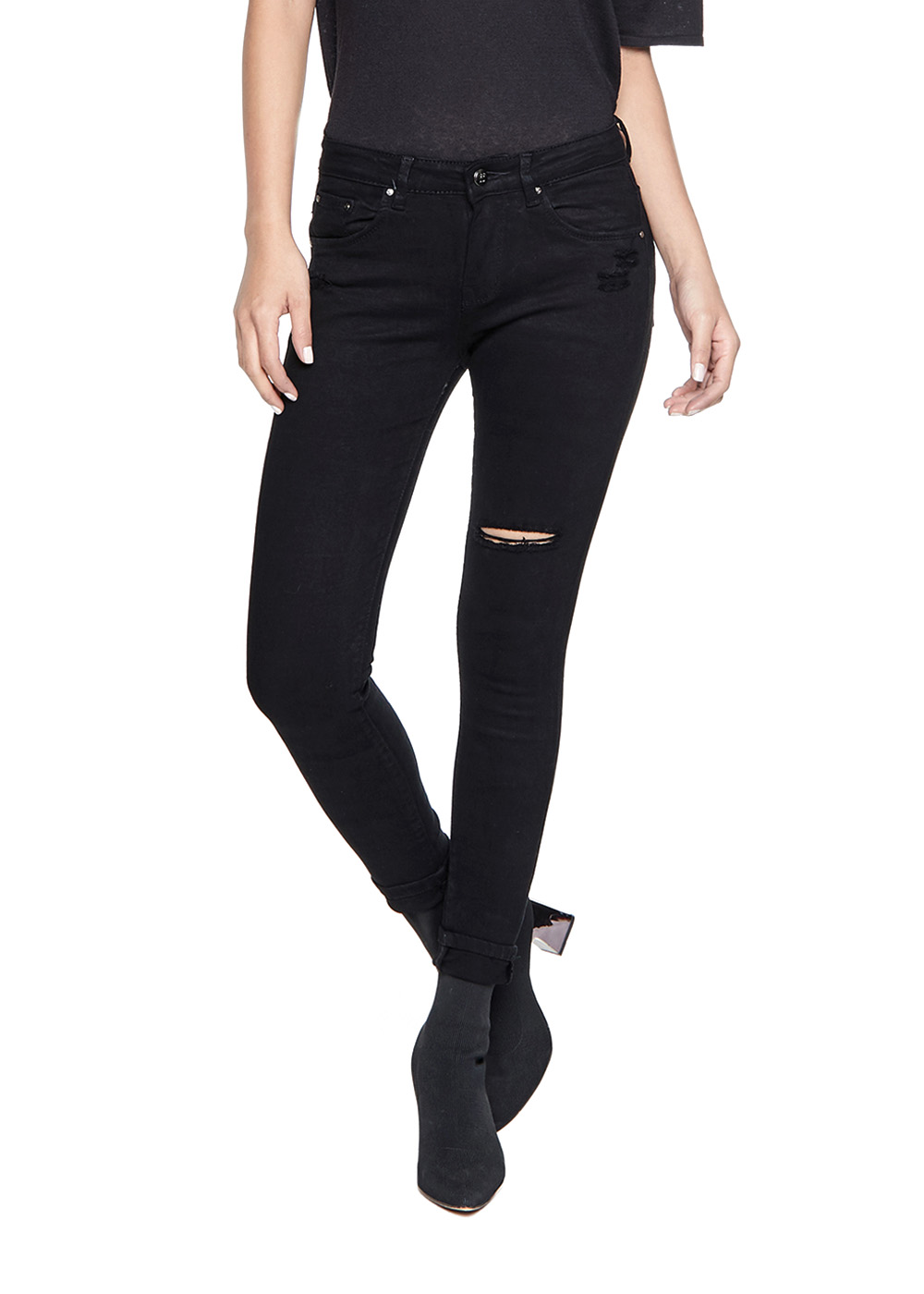 Quần Jean Nữ Đen Rách Gối Dáng Skinny Cao Cấp Lưng Vừa - AAA JEANS