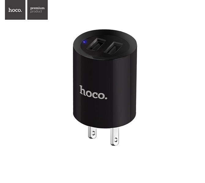 Củ sạc điện thoại Cao Cấp, Có Đèn Báo, 2 cổng USB HoCo C14US (Đen)