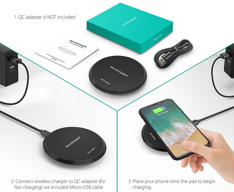 Đế Sạc Không Dây Ravpower 10W Chuẩn Qi PC063 - Hàng Chính Hãng - Đen