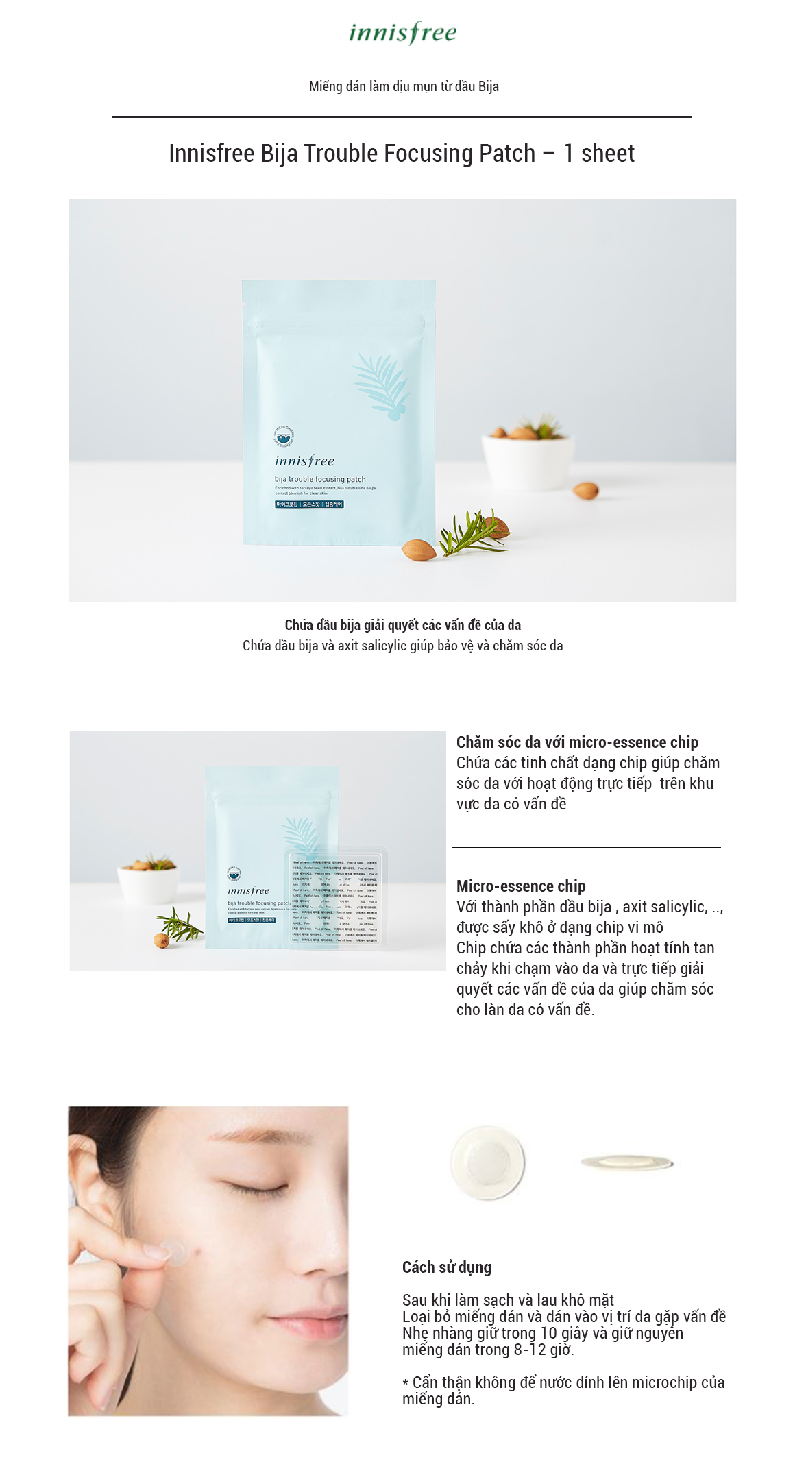 Miếng Dán Làm Dịu Mụn Từ Dầu Bija Innisfree Bija Trouble Focusing Patch