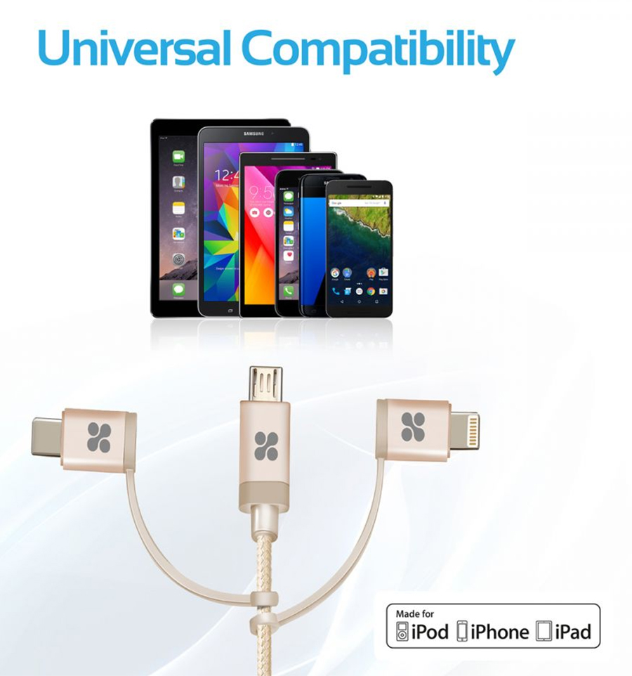 Dây Cáp Sạc 3 Trong 1 MicroUSB / Lightning / USB Type-C Chuẩn MFI Promate Unilink Trio 1.2m - Hàng Chính Hãng